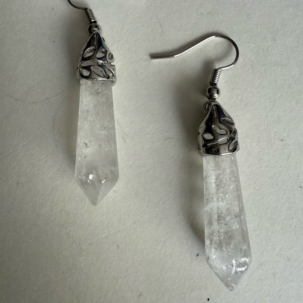 Silver Tone and White Crystal Boho Healing Quartz  Earrings with Organic Design